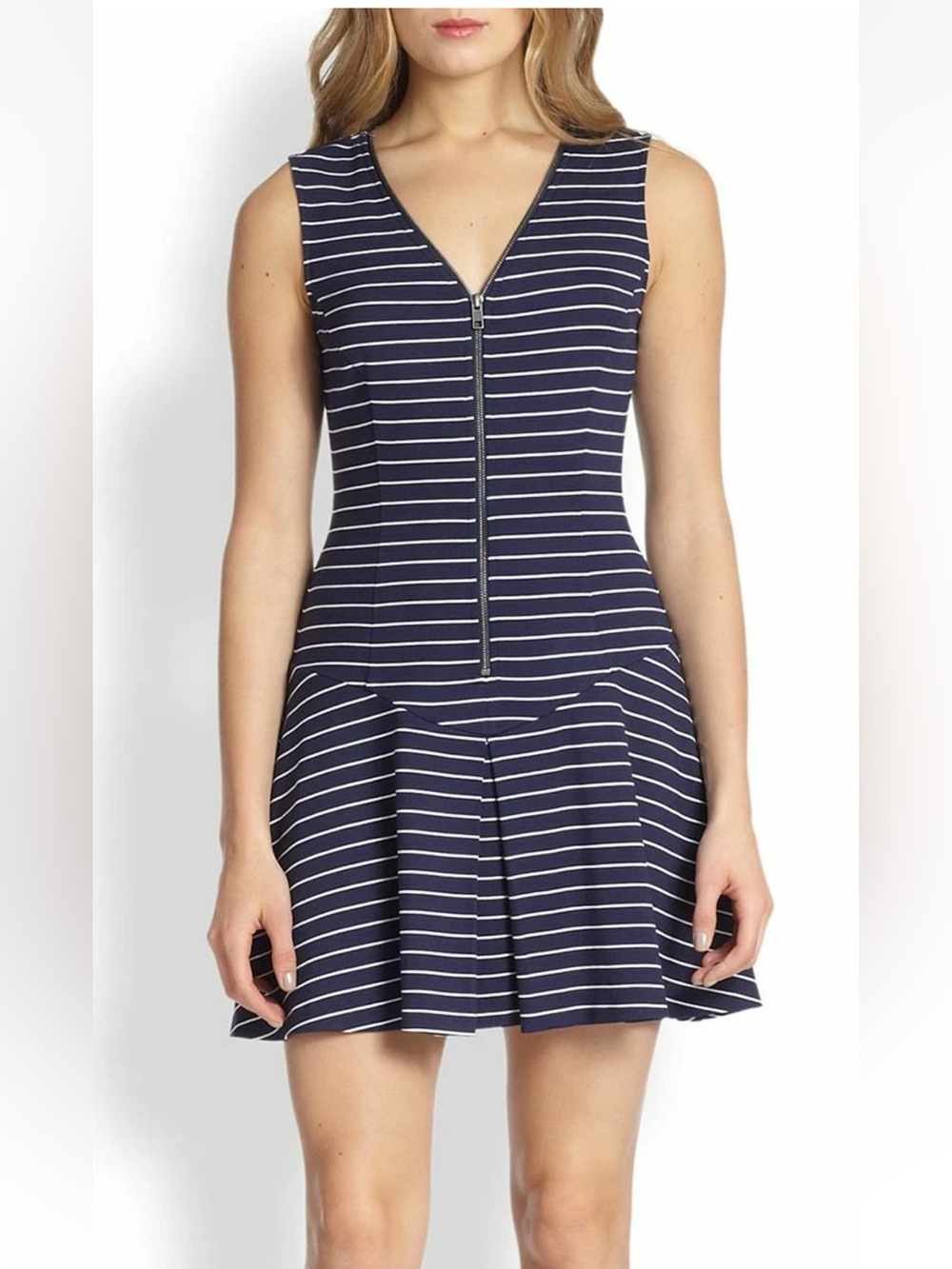 Theory Say I Dress Navy White Striped Zip Front Dress Size 2